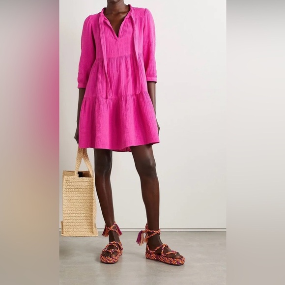 Giselle Tiered Cotton Gauze Mini Dress - Fuchsia | Size Small - Picture 6 of 8